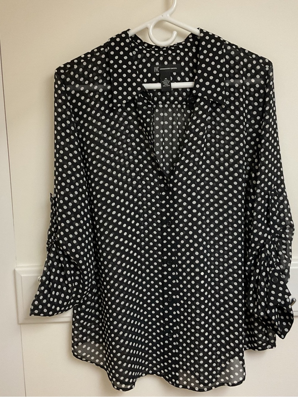 Elegant Chiffon Shirt with White Polka Dots, EASY CARE no ironing, NWOT